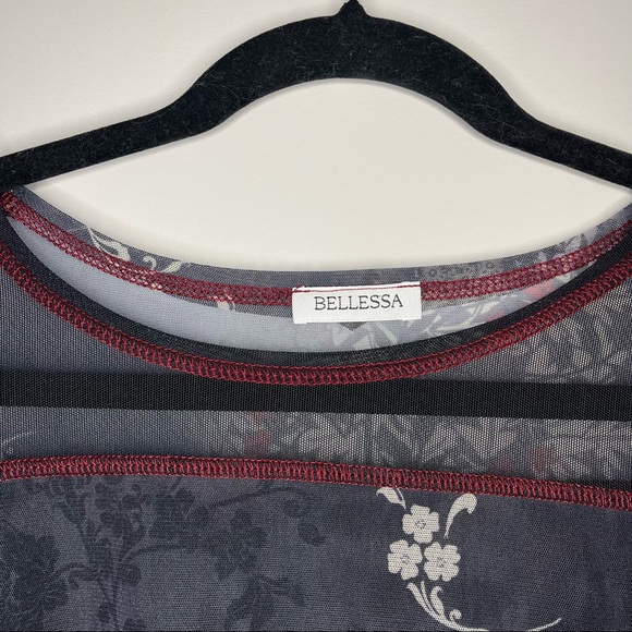 Black Mesh Long Sleeve Top with Floral Pattern Front - Picture 2 of 4